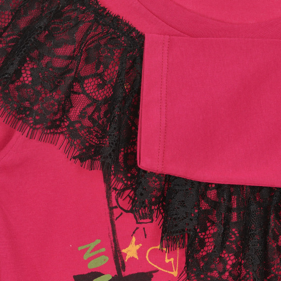 Памучна блуза с дантела и щампа, розова Sisley 228424 3