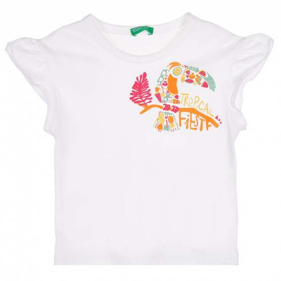 Памучна тениска с къдрички и щампа за бебе, бяла Benetton 228584 