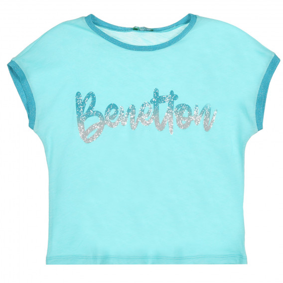 Памучна тениска с брокатен надпис, светлосиня Benetton 229252 5