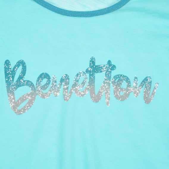 Памучна тениска с брокатен надпис, светлосиня Benetton 229253 6