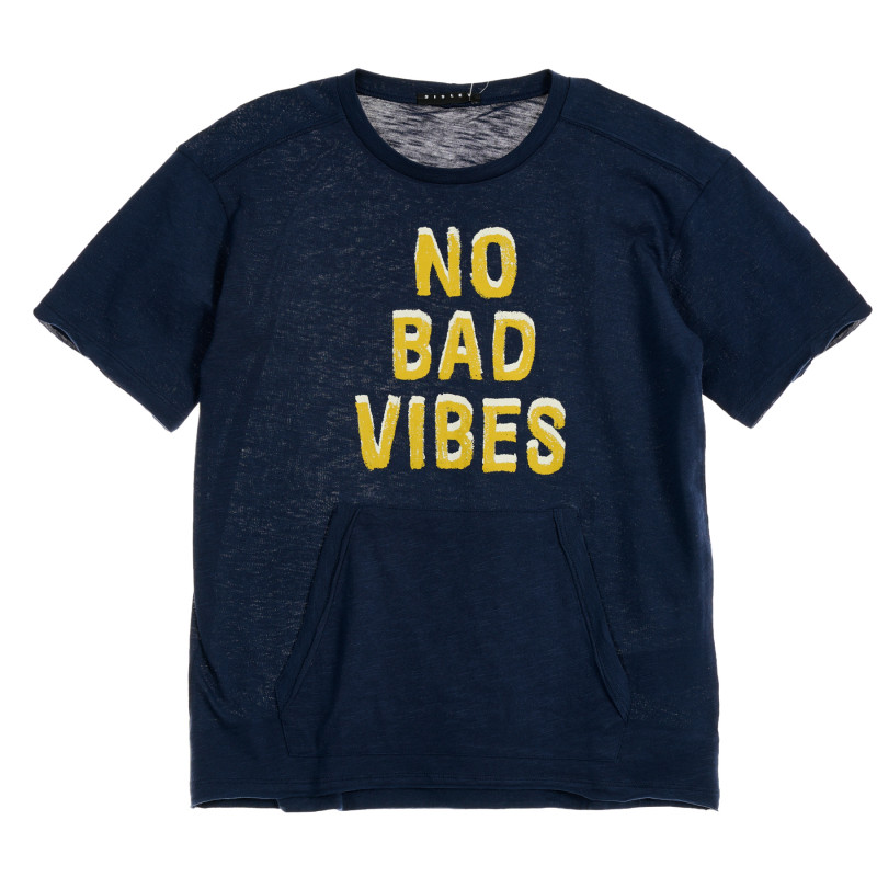 Памучна тениска с надпис No bad vibes, тъмно синя  229450
