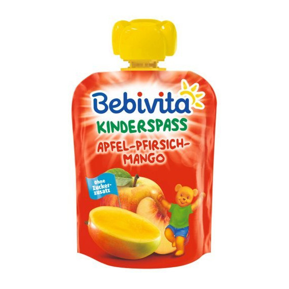 Плодова закуска с ябълка, манго и праскова, 1+ години, пауч 90 гр. Bebivita 22989 