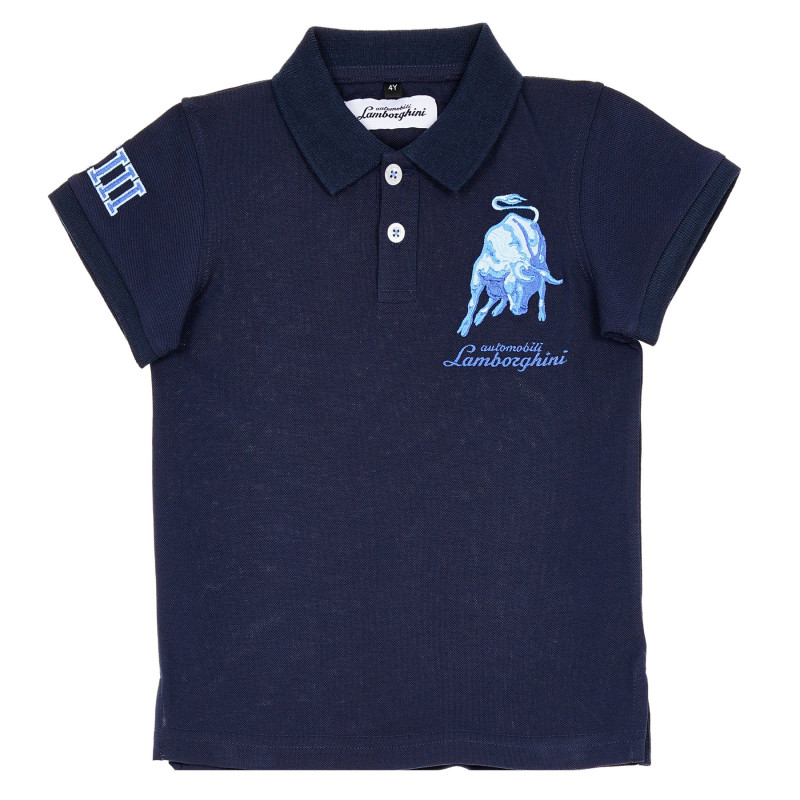 Памучна тениска с щампа на бик и надпис за момче, тъмно синя  230212