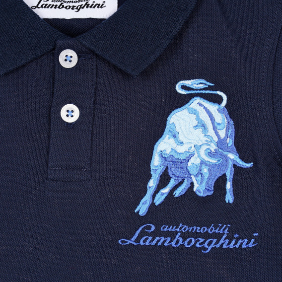 Памучна тениска с щампа на бик и надпис за момче, тъмно синя Lamborghini 230213 2