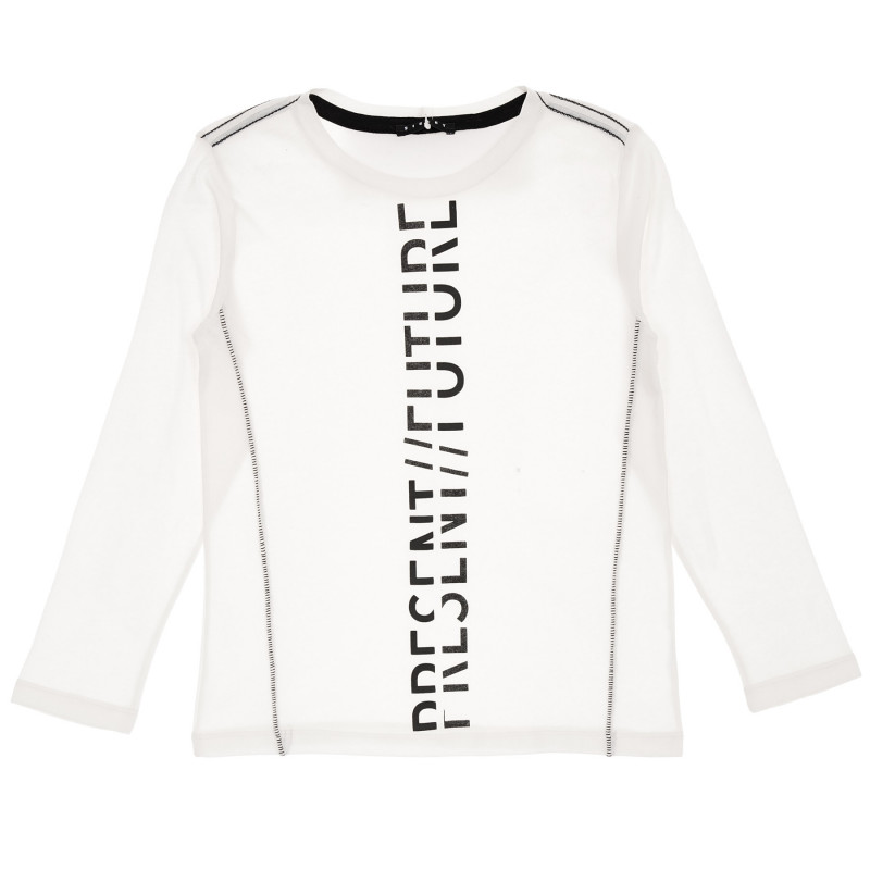 Памучна блуза с дълъг ръкав и вертикален надпис, бяла  230243