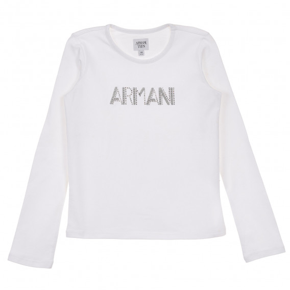 Бяла памучна блуза с дълъг ръкав за момиче с принт отпред Armani 230274 