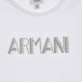 Бяла памучна блуза с дълъг ръкав за момиче с принт отпред Armani 230275 2