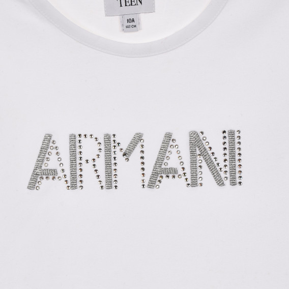 Бяла памучна блуза с дълъг ръкав за момиче с принт отпред Armani 230275 2