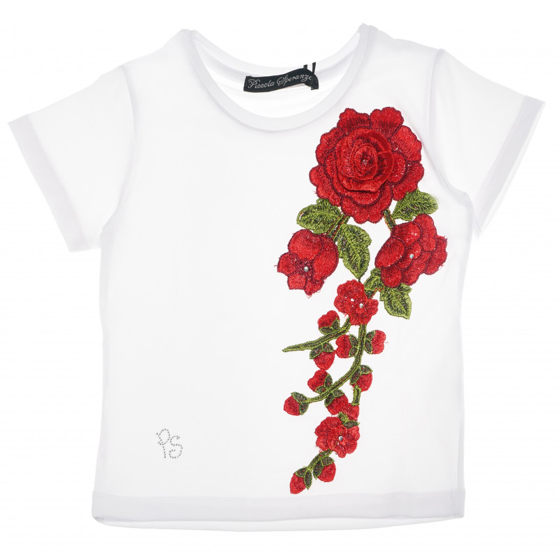 Блуза с къс ръкав и флорална бродерия, бяла  230701