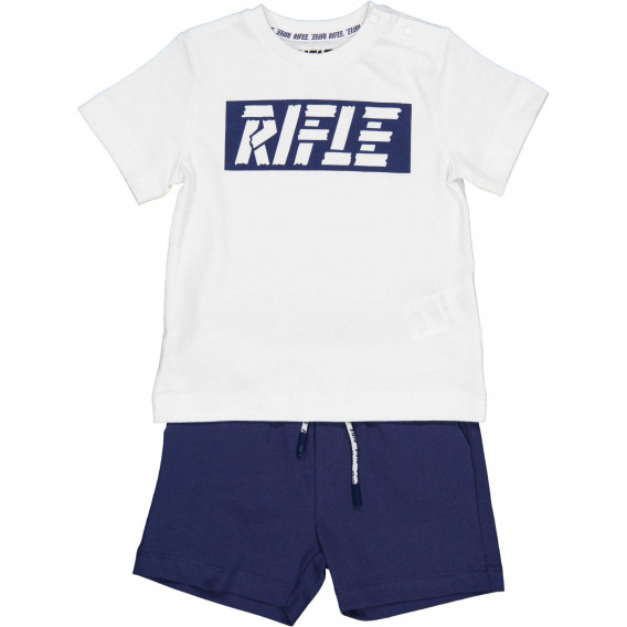 Памучен комплект тениска с къси панталони за бебе в бяло и синьо Rifle 230995 