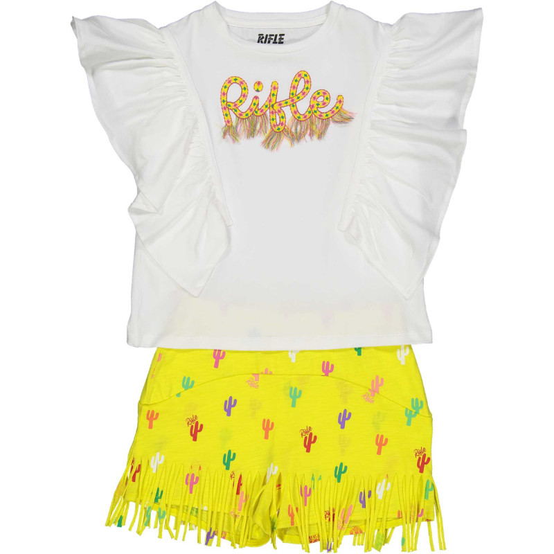 Памучен комплект блуза с къдрички и къси панталони с ресни в бяло и жълто  230999