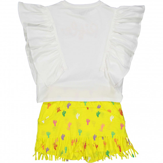 Памучен комплект блуза с къдрички и къси панталони с ресни в бяло и жълто Rifle 231000 2