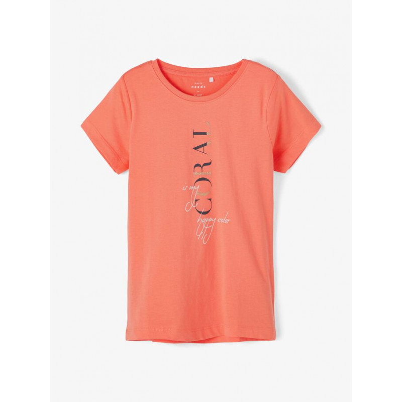Тениска от органичен памук с надпис, коралов цвят  231354
