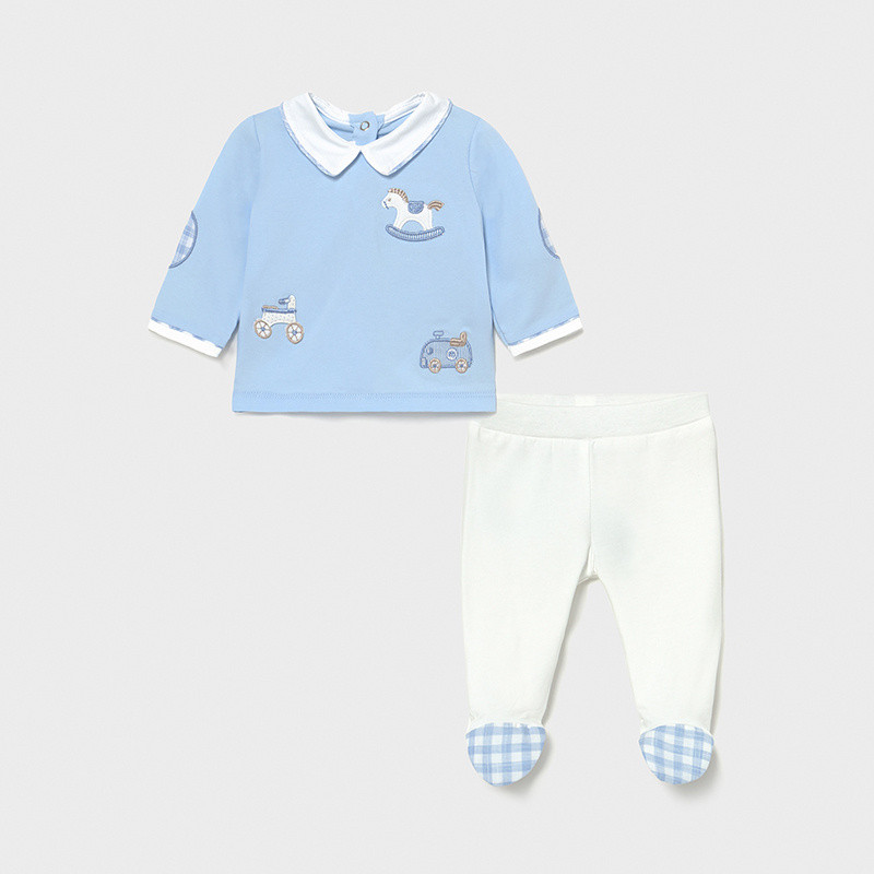 Памучен комплект от блуза и ританки за бебе в бяло и синьо  231440
