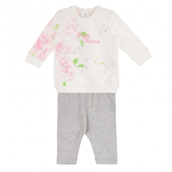 Памучен комплект от блуза и клин в бяло и сиво за бебе Chicco 231801 