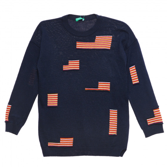 Пуловер с оранжеви акценти, тъмно син Benetton 232795 