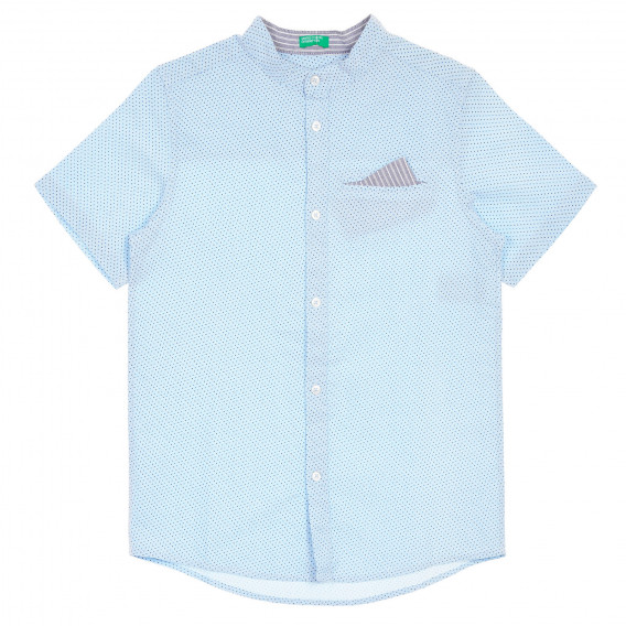 Памучна риза с къс ръкав и джобче с кърпичка с фигурален принт, светло синя Benetton 232848 