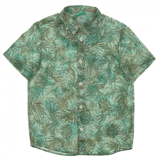 Памучна риза с къс ръкав с джоб на палми, зелена Benetton 232858 