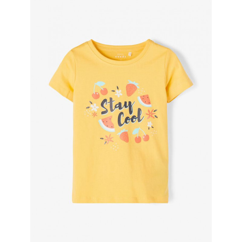 Тениска от органичен памук с надпис Stay cool, жълта  233190