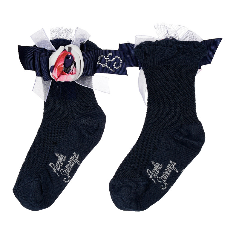Чорапи за момиче със сатенирана тъмно синя панделка и нежно цвете   235516