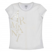 Памучна бяла блуза с къс ръкав-крилце и надпис за момиче Armani 235611 