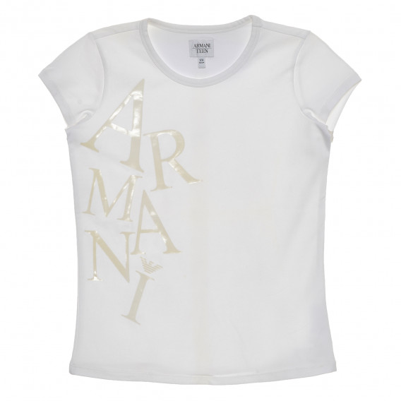 Памучна бяла блуза с къс ръкав-крилце и надпис за момиче Armani 235611 