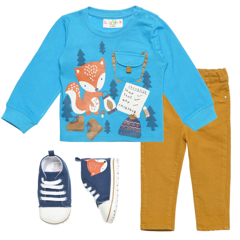 Комплект за момче с блуза, дънки и обувки с картинка на лисица  235901