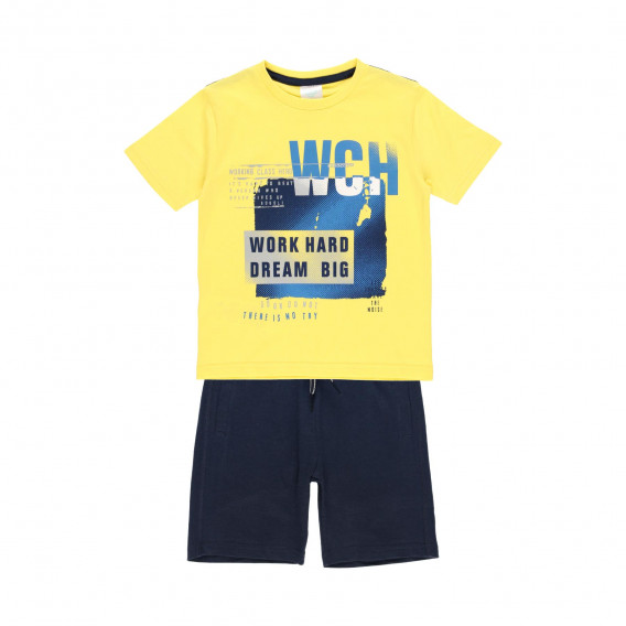 Памучен комплект тениска и къси панталони в жълто и синьо Boboli 235932 