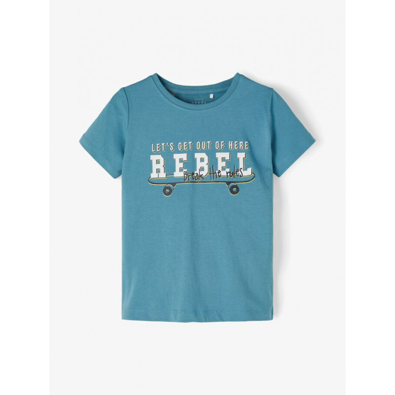 Тениска от органичен памук с надпис, синя  236096