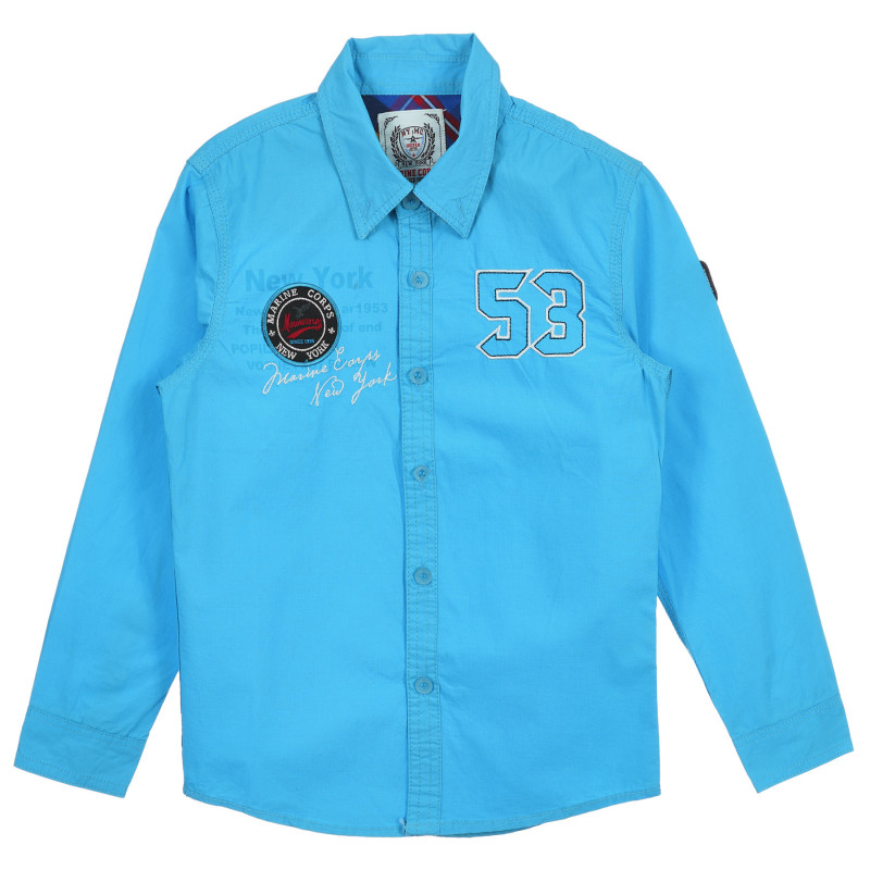 Риза с дълъг ръкав за момче декорирана с бродерия и текстилна апликация, синя  236306
