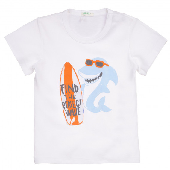 Памучна тениска с щампа акула за бебе, бяла Benetton 236355 