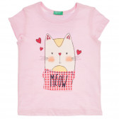 Памучна тениска с щампа на котка с шал за бебе, розова Benetton 236391 