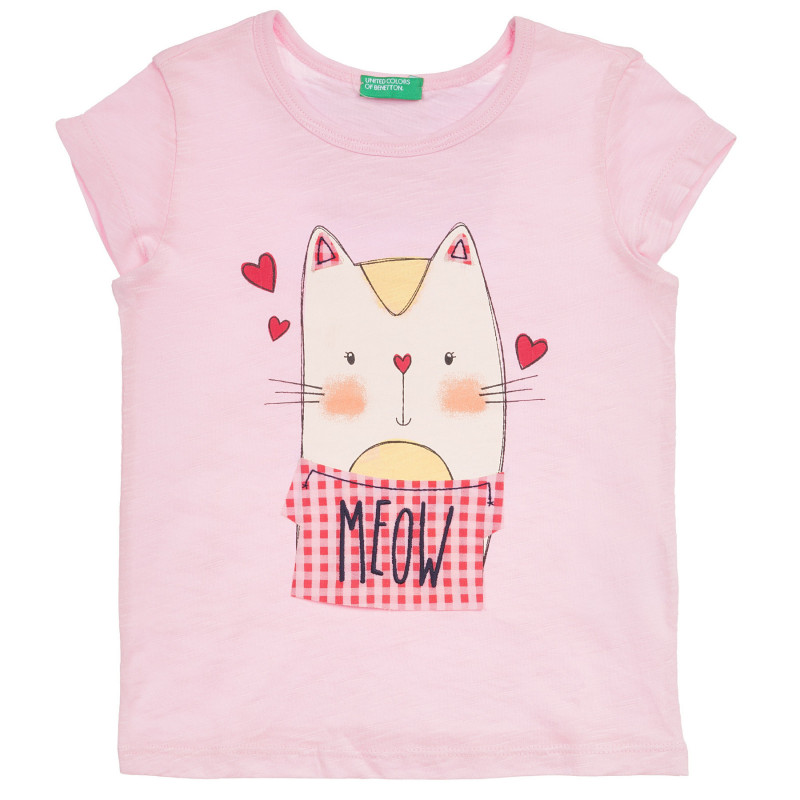 Памучна тениска с щампа на котка с шал за бебе, розова  236391