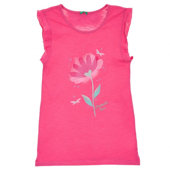 Памучна тениска с апликация цвете, розова Benetton 236411 