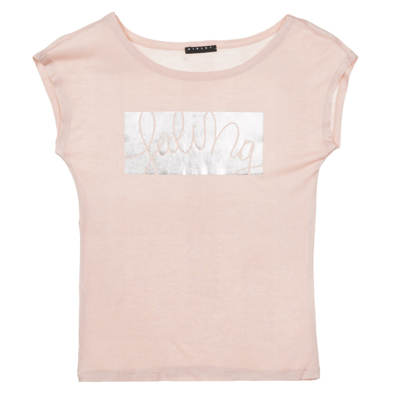 Тениска с щампа в сребристо и надпис, светло розова  236479