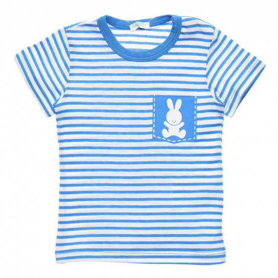 Памучна тениска с щампа на зайче за бебе в бяло синьо райе Benetton 236538 