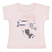 Памучна тениска с щампа за бебе, розова Benetton 236691 
