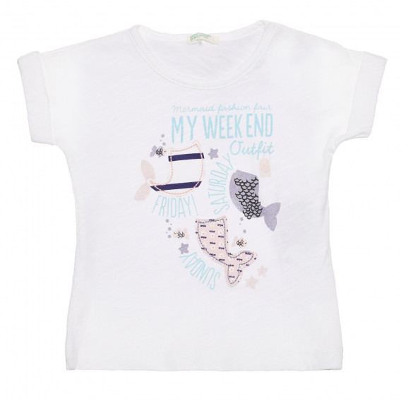 Памучна тениска с щампа за бебе, бяла Benetton 236695 