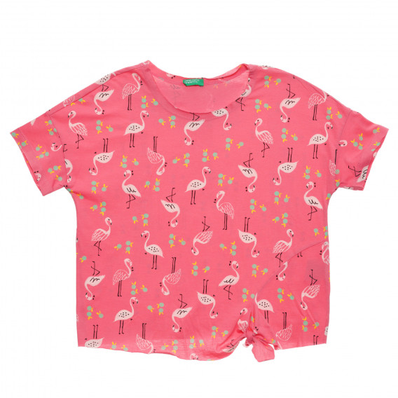Памучна тениска с щампа на фламинго, розова Benetton 236835 