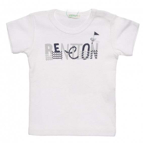 Памучна тениска с надпи на бранда за бебе, бяла Benetton 236863 