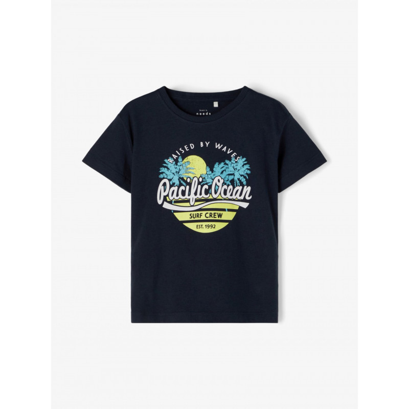 Тениска от органичен памук с щампа на палми и надпис, тъмно синя  236947