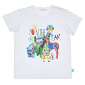 Памучна тениска с щампа зоопарк за бебе, бяла Benetton 237028 