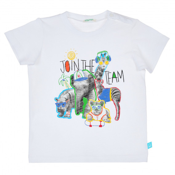 Памучна тениска с щампа зоопарк за бебе, бяла Benetton 237028 
