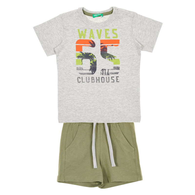 Памучен комплект тениска и къси панталони в сиво и зелено  237090