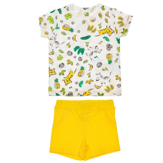 Памучен комплект с тениска и къси панталонки в бяло и жълто Benetton 237279 