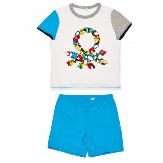 Памучен комплект тениска и къси панталонки в бяло и синьо Benetton 237319 