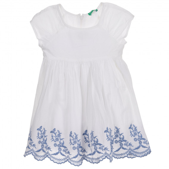 Памучна рокля с къс ръкав и синя бродерия за бебе, бяла Benetton 237388 