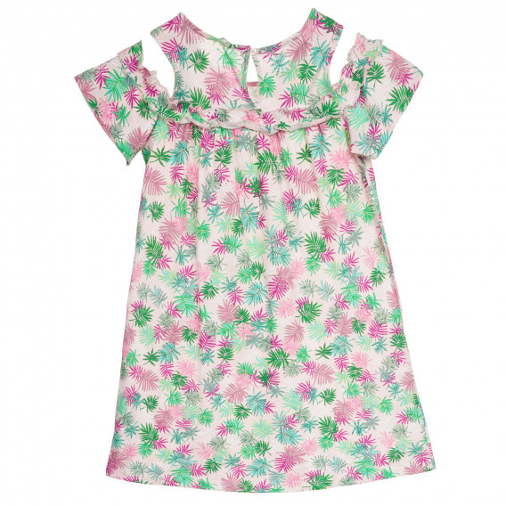 Памучна рокля с къдрички и принт на палмови листа, светло розова Benetton 237657 4