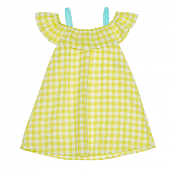 Памучна рокля в жълто каре с презрамки и къдрички Benetton 238386 4