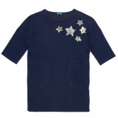 Памучна рокля с апликация на пайети звезди, тъмно синя Benetton 238437 